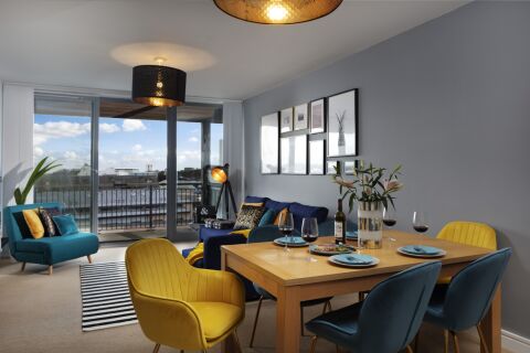 Luxury living room, equipped with a 42 inch flat screen TV which is connected to an amazon stick for smart TV integration. There is a comfortable king size and a comfortable single sofa bed
